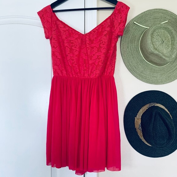 ASOS Barbie Pink Mesh Lace Off-the-Shoulder Fit & Flare Mini Dress | Size: 6/S - Picture 9 of 9